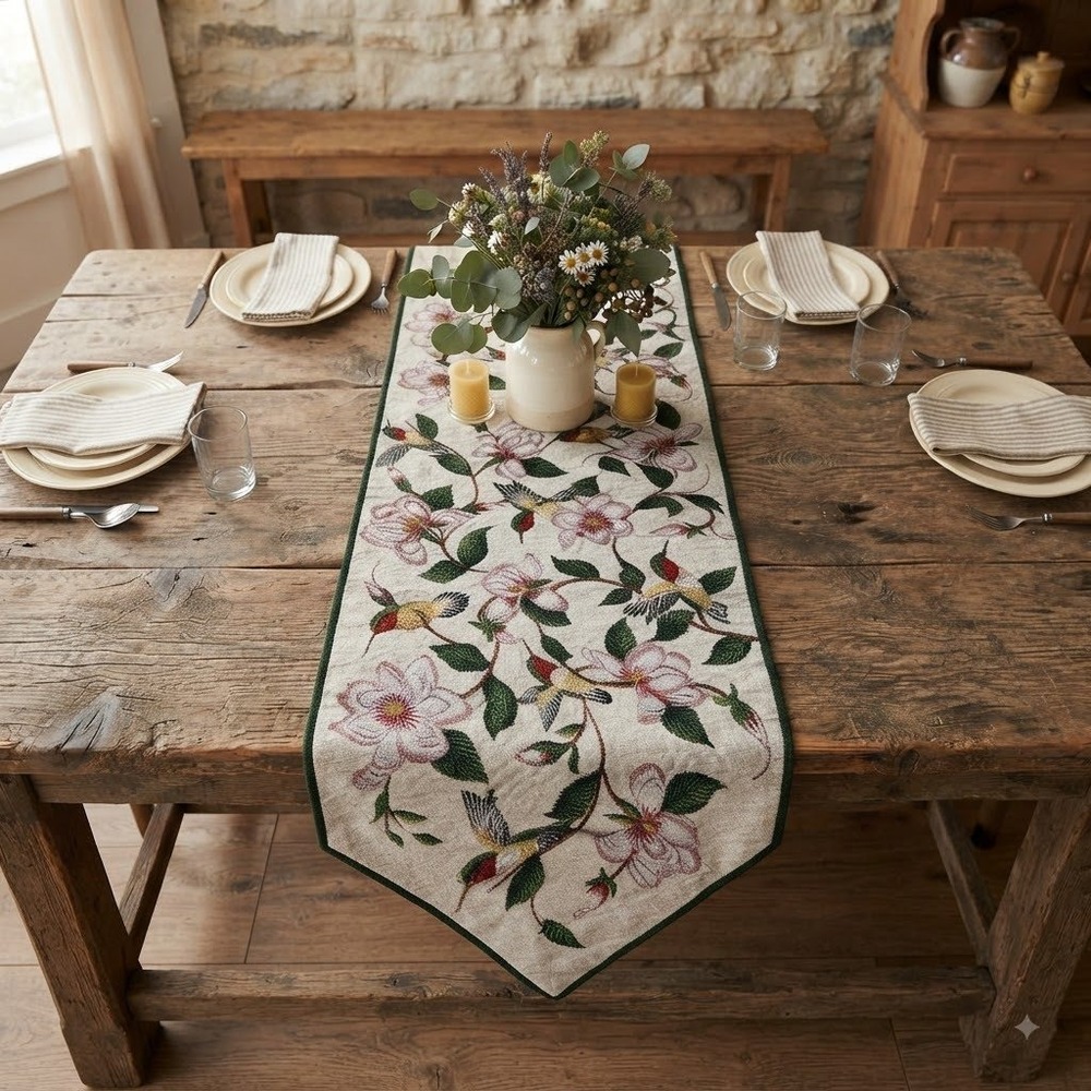 Hummingbird Table Runner Tapestry Cottagecore Floral Farmhouse Birds Nature Chic